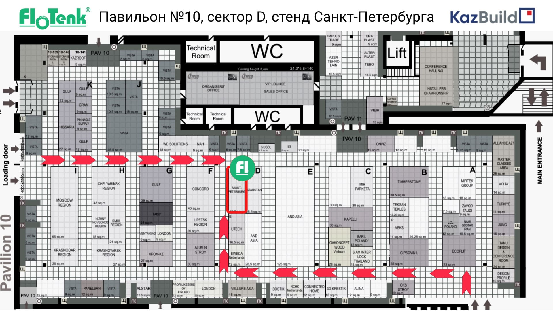 Схема выставочного павильона №10 (сектор D) на выставке KazBuild, показывающая маршрут к стенду Санкт-Петербурга. На плане сеткой расчерчены выставочные зоны (буквы от A до K), отмечены туалеты (WC), лифт (Lift) и технические помещения. От главного входа (Main Entrance) справа внизу проложен маршрут из красных стрелок. Стрелки идут налево вдоль длинного коридора мимо секторов A, B, C, а затем поворачивают направо вверх между секторами E и F, указывая на прямоугольный стенд, обведенный красной рамкой и отмеченный зеленым круглым значком «Fl».